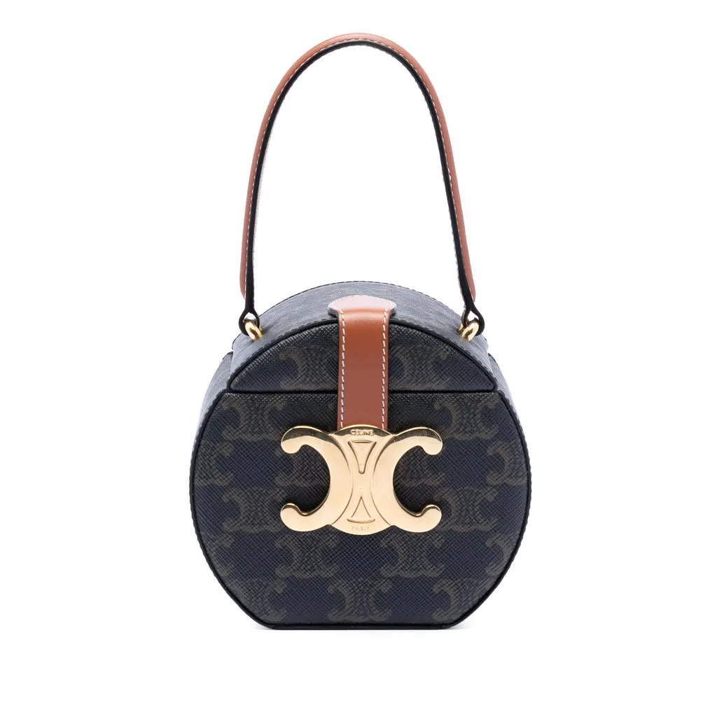 Celine Triomphe Coated Canvas Round Box Handbag Brown Good - Front View