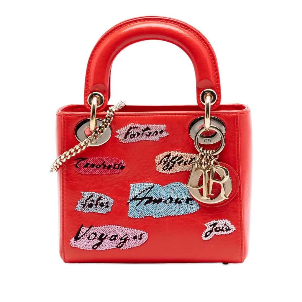 Dior Mini Calfskin Beaded Lady Dior Red Leather Very good - Front View