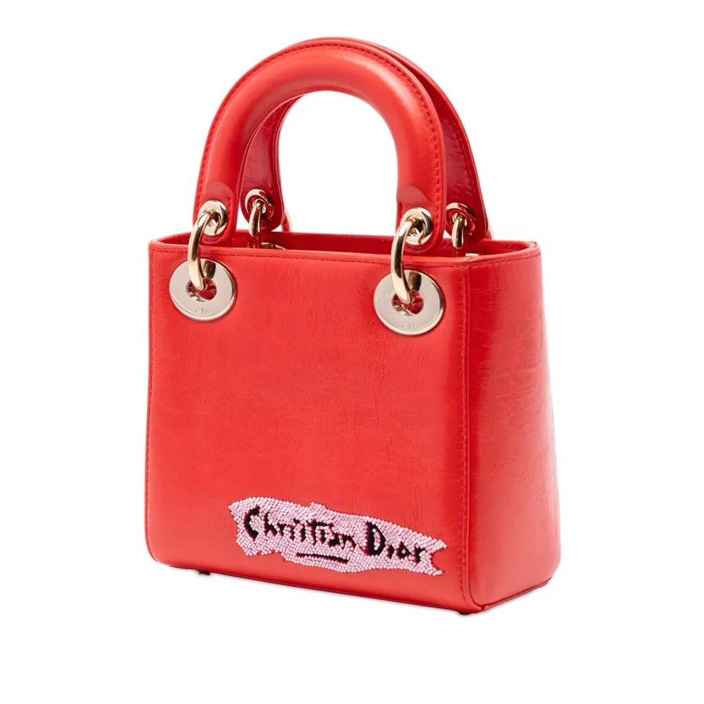 Dior Mini Calfskin Beaded Lady Dior Red Leather Very good - Back View