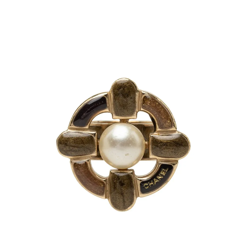 Chanel Gold Plated Logo and Enamel Floral Faux Pearl Ring Gold Metal Very good - Front View