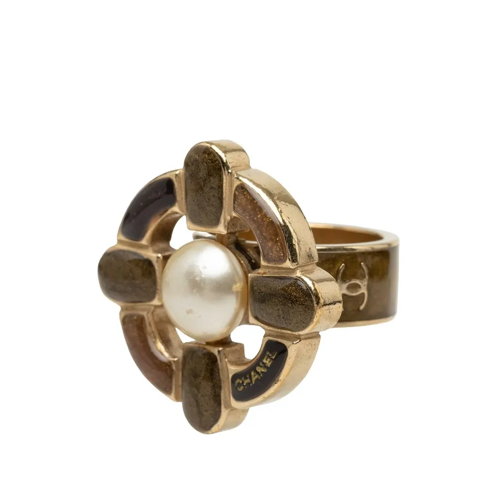 Chanel Gold Plated Logo and Enamel Floral Faux Pearl Ring Gold Metal Very good - Back View