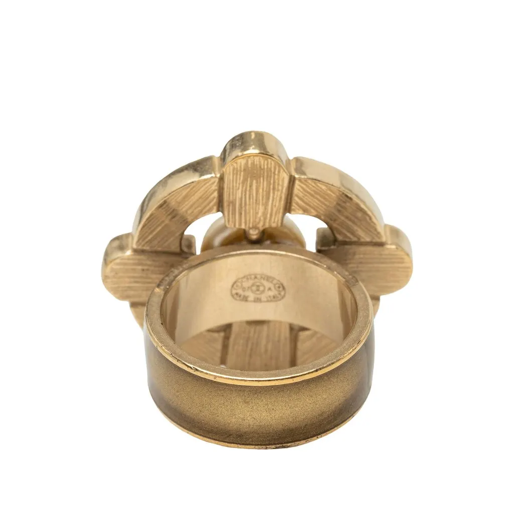 Chanel Gold Plated Logo and Enamel Floral Faux Pearl Ring Gold Metal Very good - Inside View