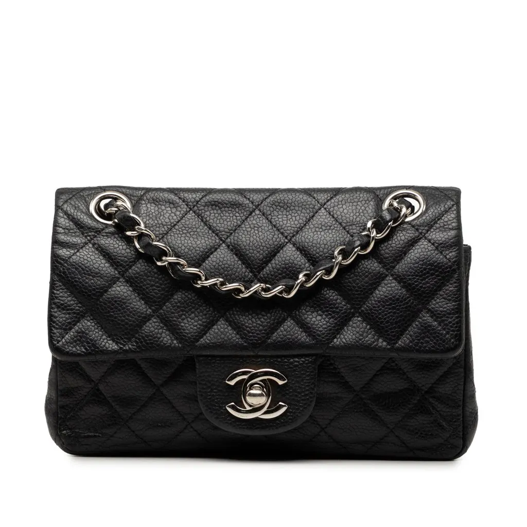 Chanel Mini Rectangular Classic Caviar Single Flap Black Leather Good - Front View