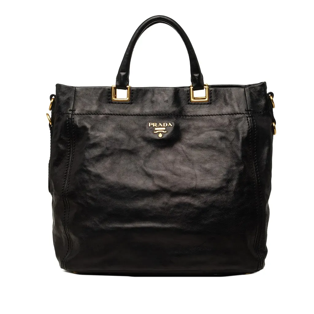 Prada Glace Calf Open Convertible Tote Black Leather Very good - Front View