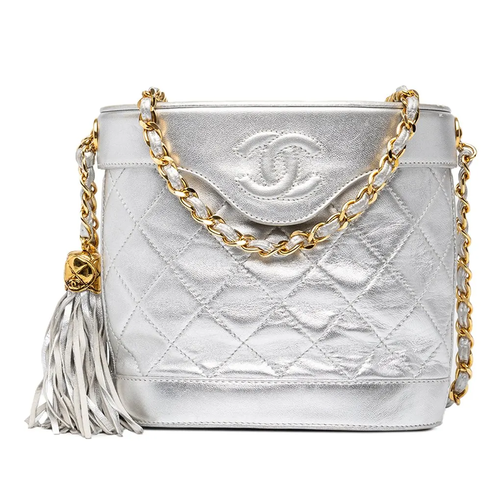 Chanel CC Quilted Metallic Lambskin Tassel Binocular Bag Silver Leather Good - Front View