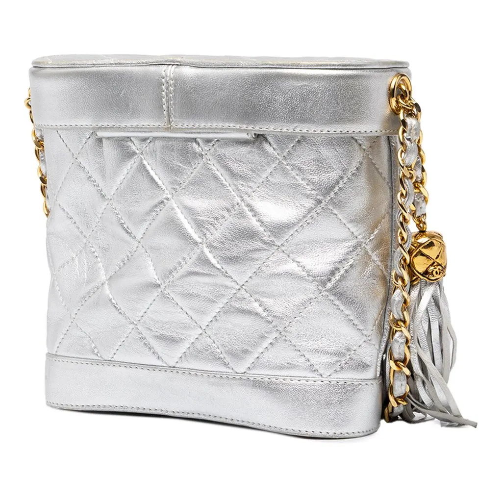 Chanel CC Quilted Metallic Lambskin Tassel Binocular Bag Silver Leather Good - Back View