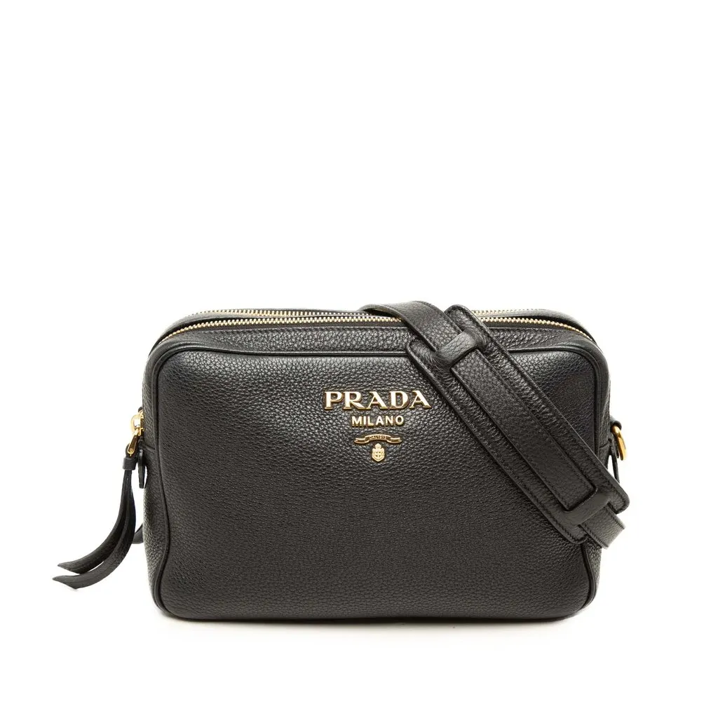 Prada Vitello Phenix Double Zip Camera Bag Black Leather Good - Front View