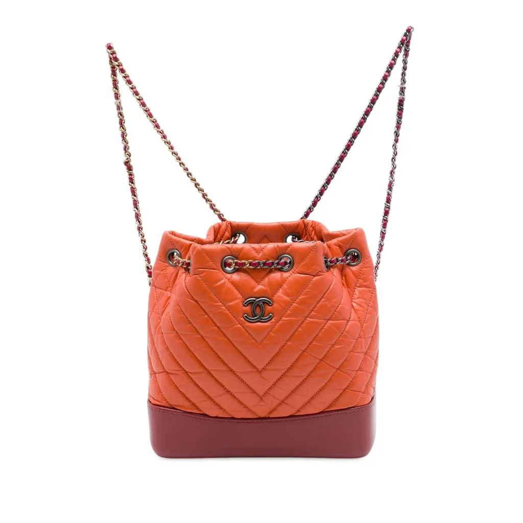 Chanel Small Bicolor Chevron Aged Calfskin Gabrielle Backpack Orange Leather Very good - Front View