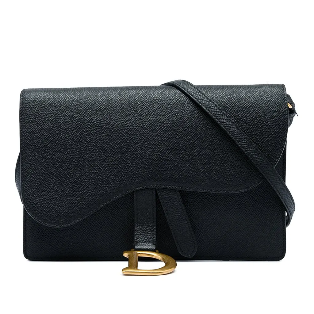 Dior Grained Calfskin Saddle Pouch Black Leather Good - Front View