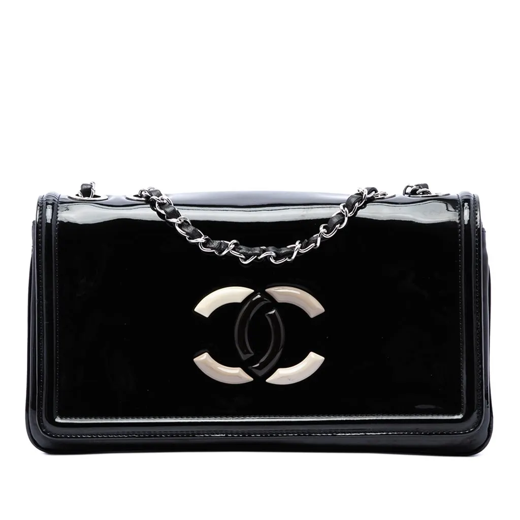 Chanel CC Patent Lipstick Ligne Flap Black Leather Very good - Front View