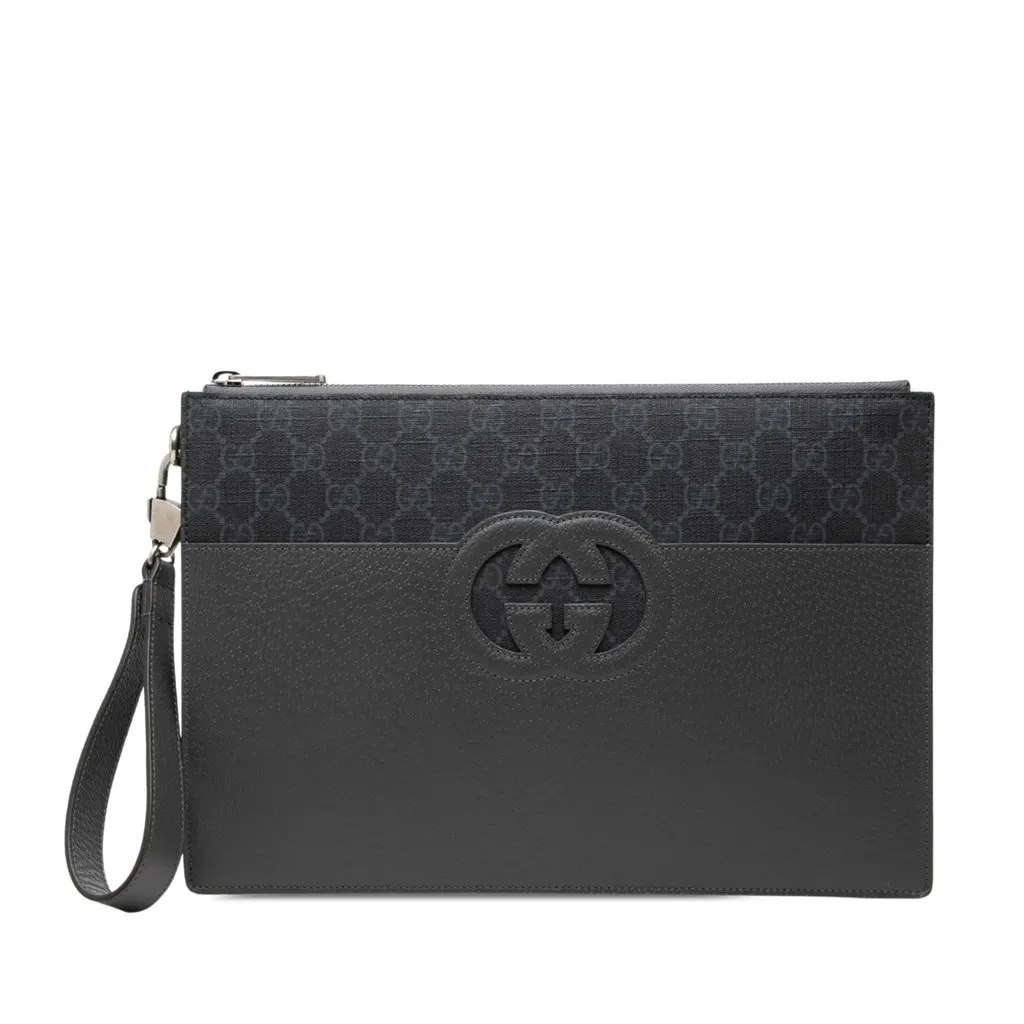 Gucci GG Supreme and Calfskin Cut Out Interlocking G Clutch Black Very good - Front View