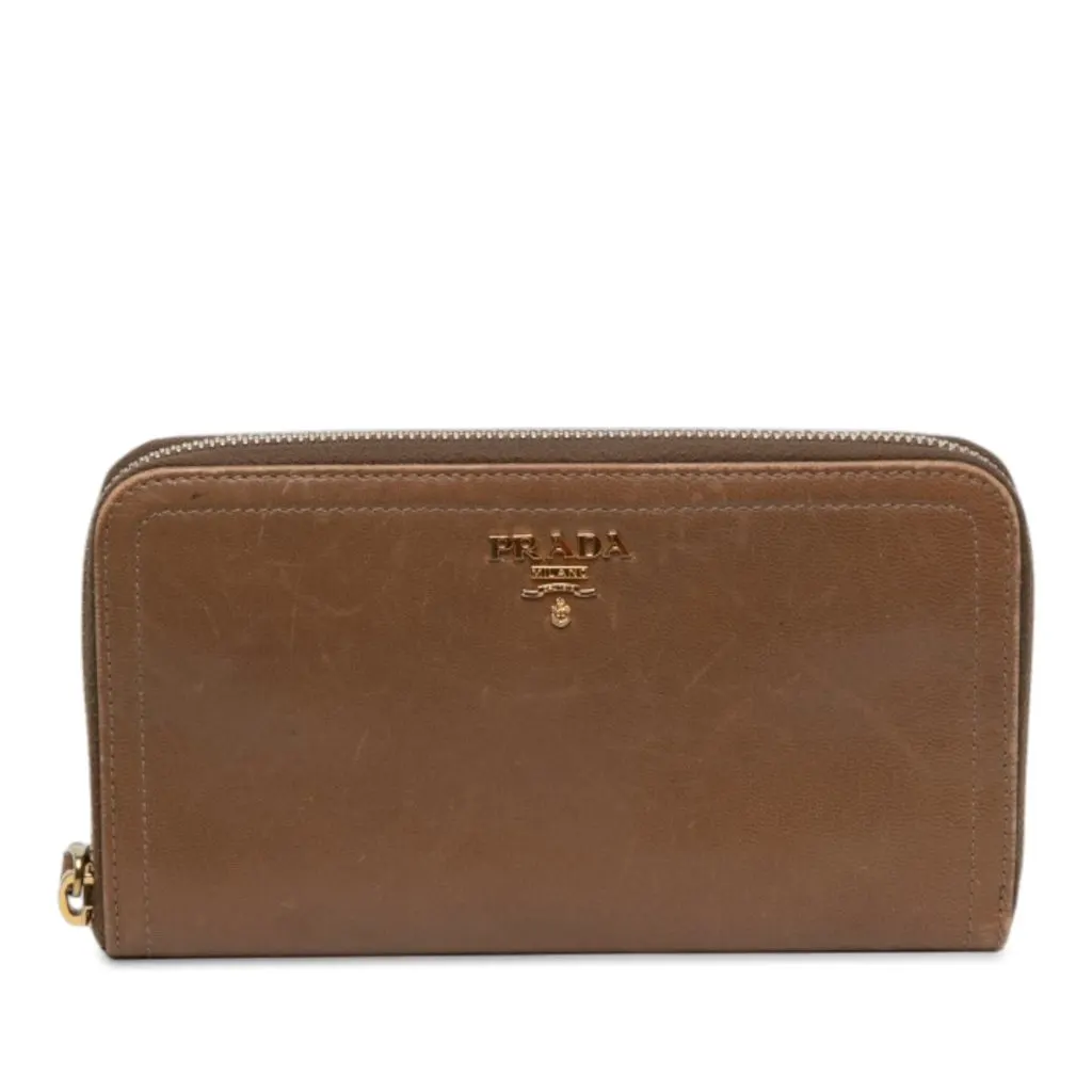 Prada Leather Zip Around Long Wallet Brown Leather Very good - Front View