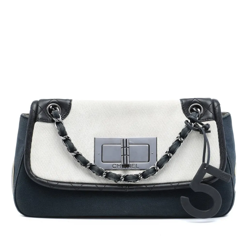 Chanel Tricolor Canvas and Leather No 5 Giant Mademoiselle Lock Flap Bag Blue Very good - Front View