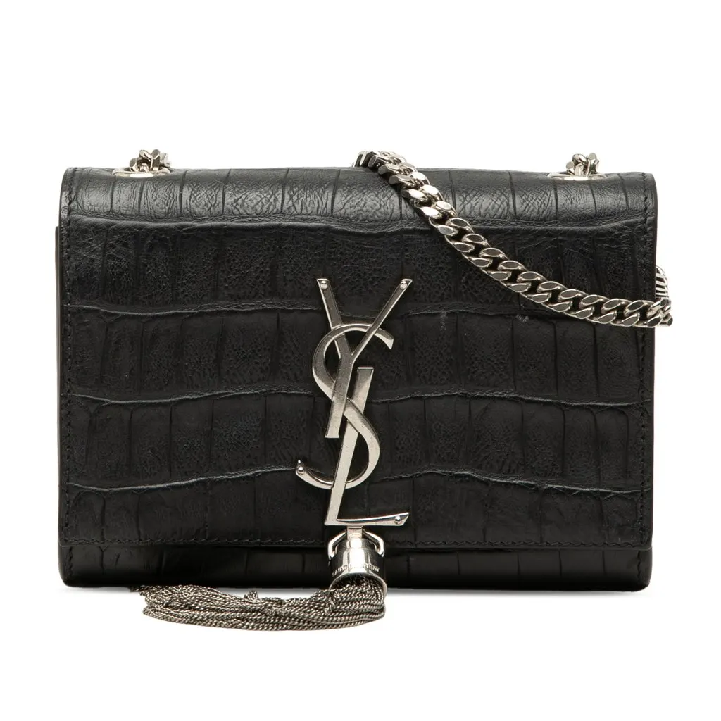Saint Laurent Small Croc Embossed Leather Monogram Kate Tassel Crossbody Black Leather Very good - Front View