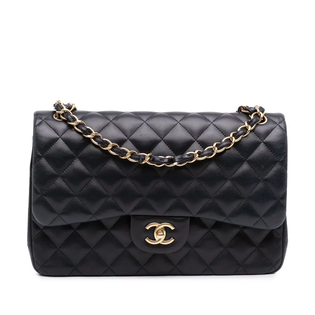 Chanel Jumbo Classic Lambskin Double Flap Black Leather Very good - Front View