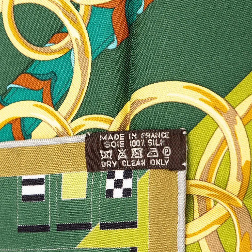 Hermès Brides et Gris Gris Silk Scarf 90 Green Silk Never worn - Inside View