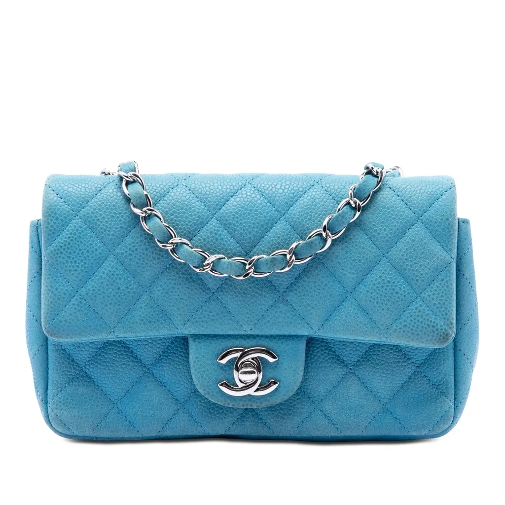 Chanel Mini Rectangular Classic Iridescent Caviar Single Flap Blue Leather Very good - Front View