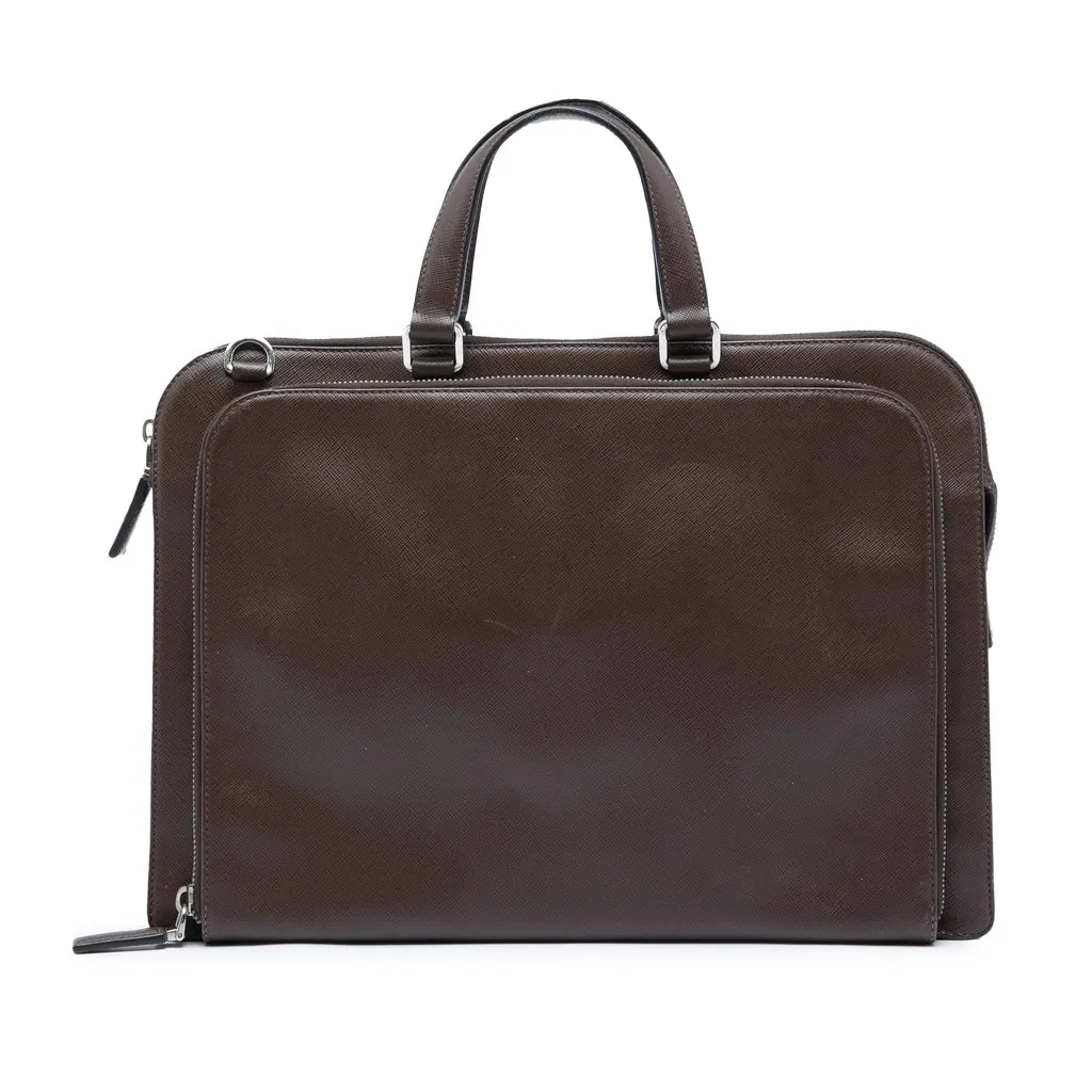 Prada Saffiano Cuir Travel Front Zip Pocket Briefcase Brown Leather Very good - Front View