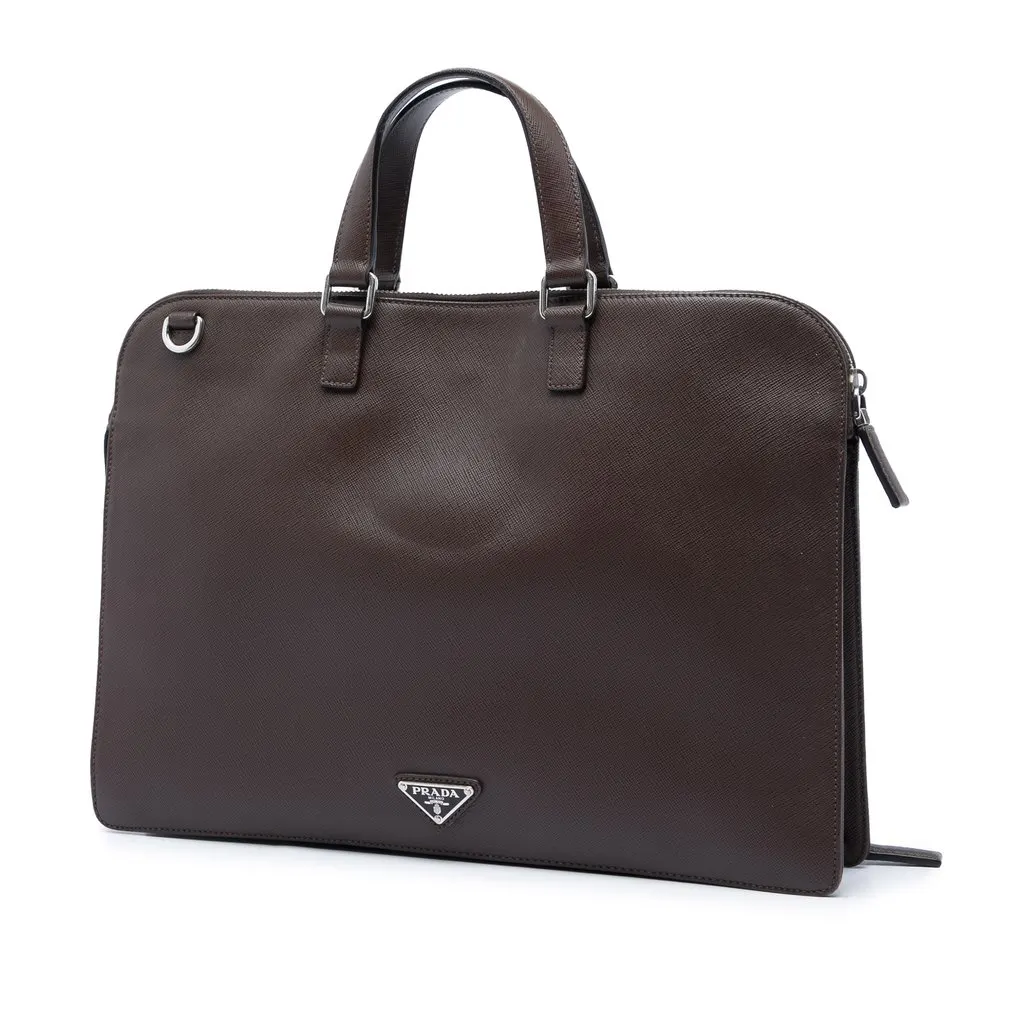Prada Saffiano Cuir Travel Front Zip Pocket Briefcase Brown Leather Very good - Back View