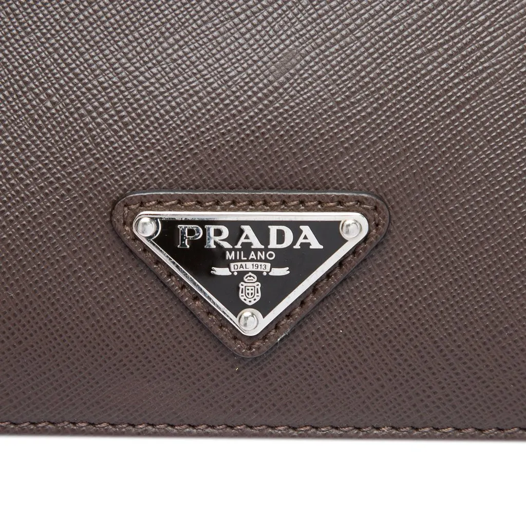 Prada Saffiano Cuir Travel Front Zip Pocket Briefcase Brown Leather Very good - Box View