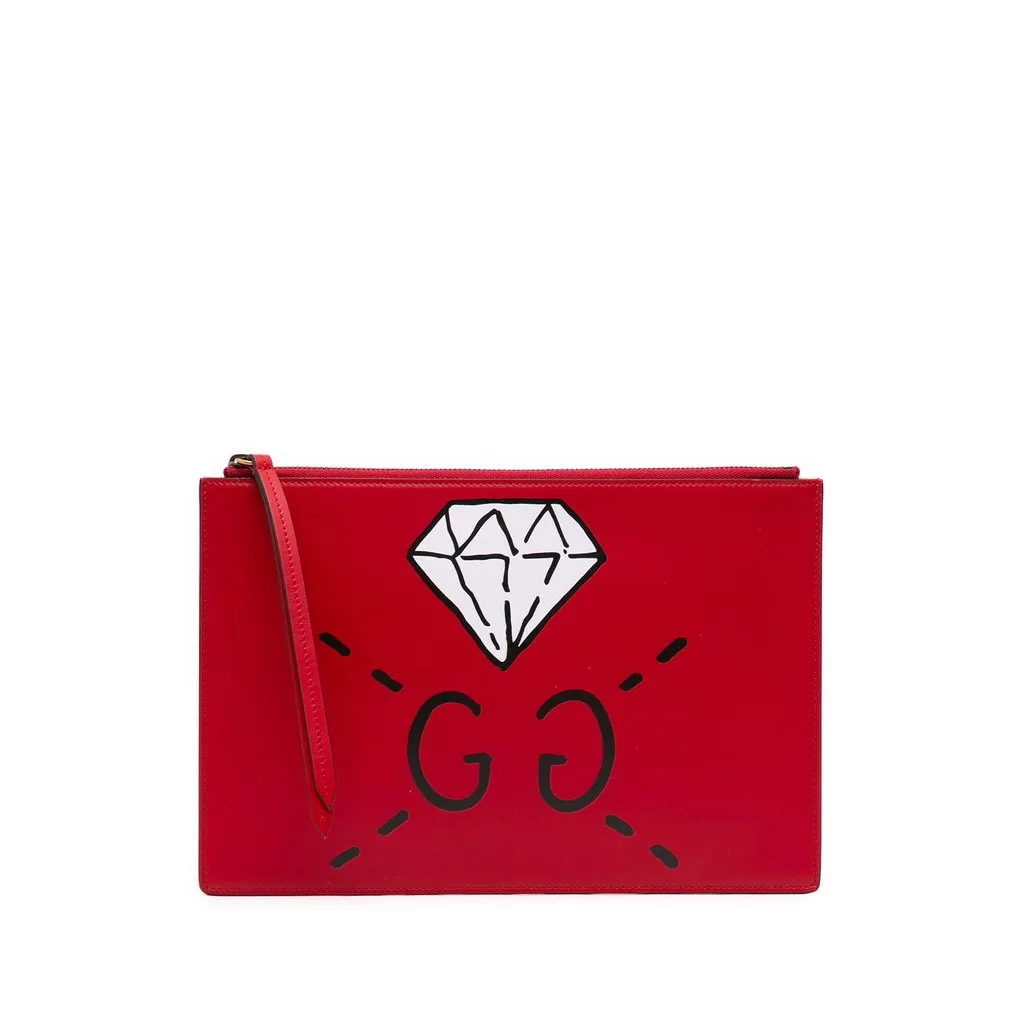 Gucci GucciGhost Calfskin Diamond Zip Pouch Red Leather Good - Front View