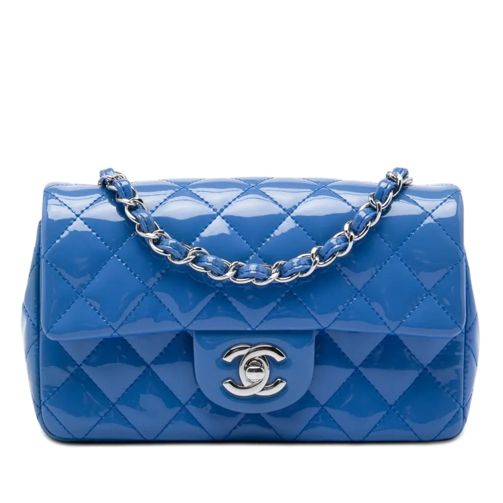 Chanel Mini Rectangular Classic Patent Single Flap Blue Leather Very good - Front View
