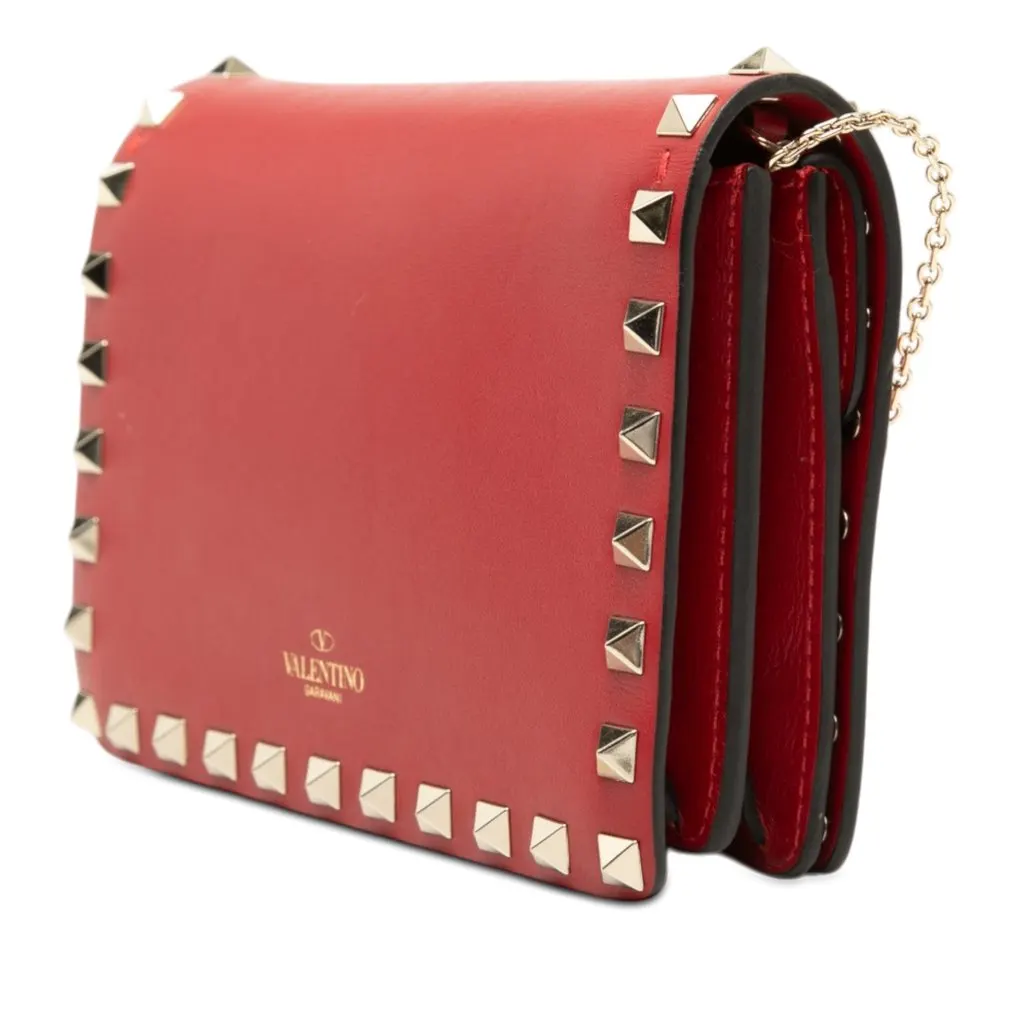 Valentino Leather Rockstud Chain Pouch Red Leather Very good - Back View
