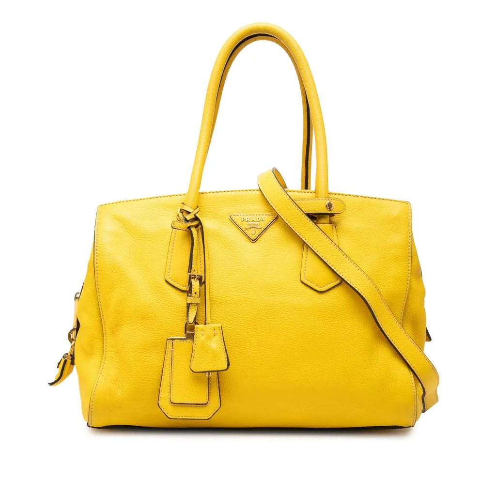 Prada Vitello Daino Zip Top Satchel Yellow Leather Good - Front View