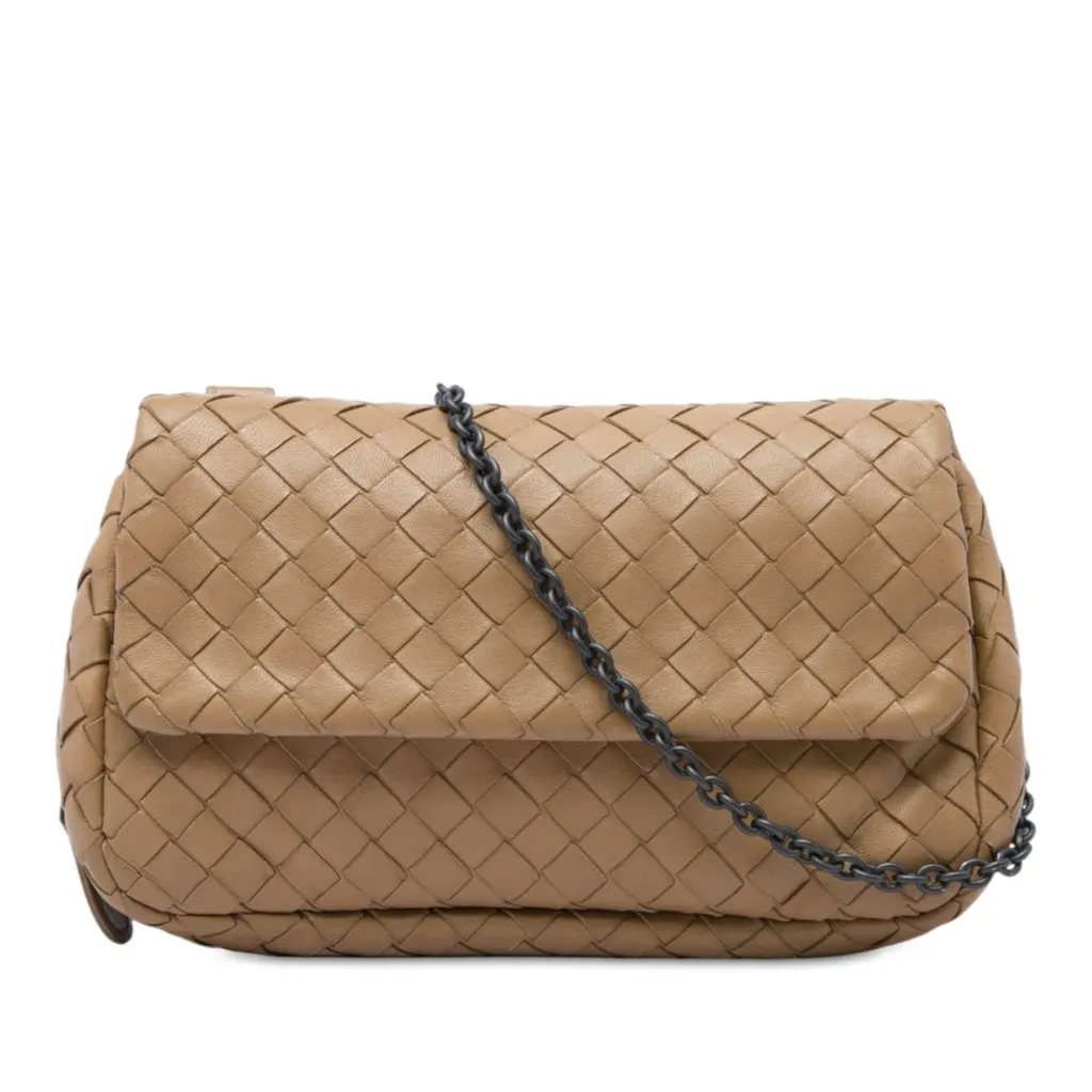 Bottega Veneta Mini Nappa Intrecciato Expandable Chain Flap Crossbody Brown Leather Very good - Front View