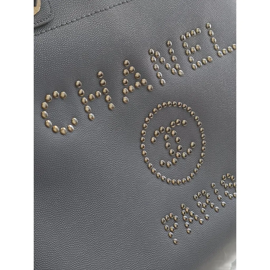 Chanel Small Studded Caviar Deauville Tote Grey Leather Very good - Box View