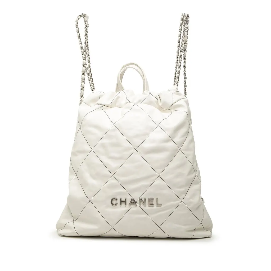 Chanel Large Quilted Shiny Calfskin 22 Backpack White Leather Very good - Front View