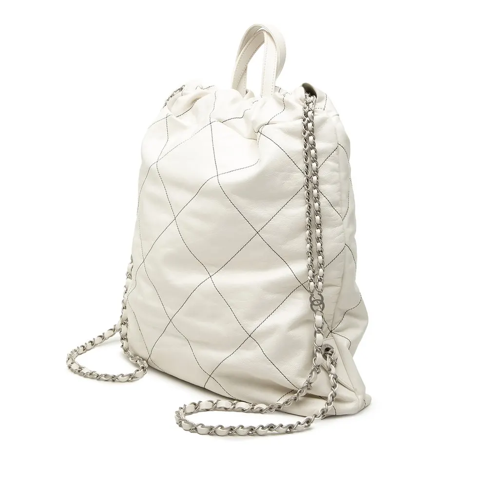 Chanel Large Quilted Shiny Calfskin 22 Backpack White Leather Very good - Back View