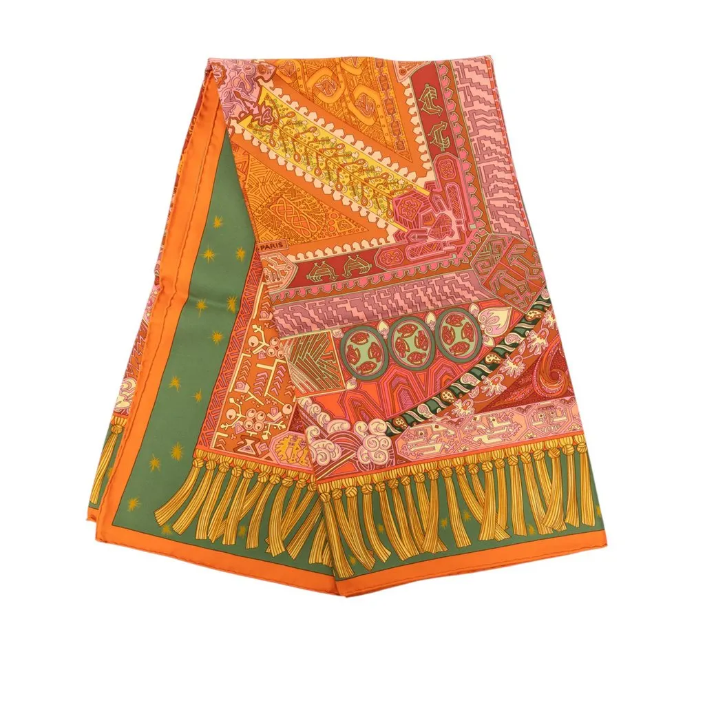 Hermès Sur un Tapis Volant Silk Scarf 90 Orange Never worn - Front View