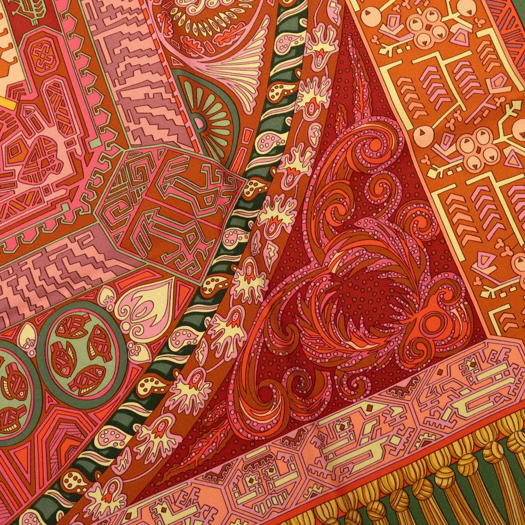Hermès Sur un Tapis Volant Silk Scarf 90 Orange Never worn - Model View