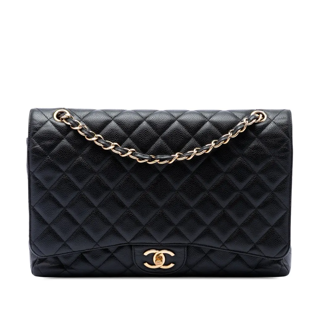 Chanel Maxi Classic Caviar Double Flap Black Leather Very good - Front View