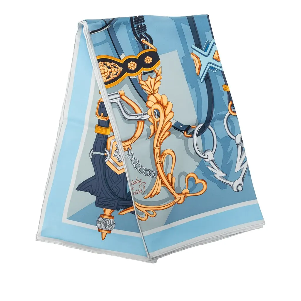 Hermès Brides et Destin Silk Scarf 90 Blue Silk Never worn - Front View