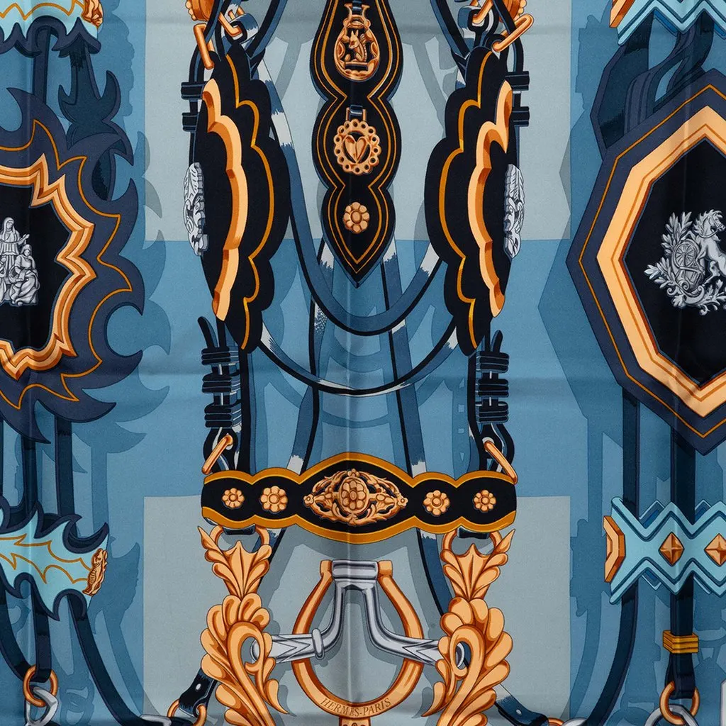 Hermès Brides et Destin Silk Scarf 90 Blue Silk Never worn - Back View