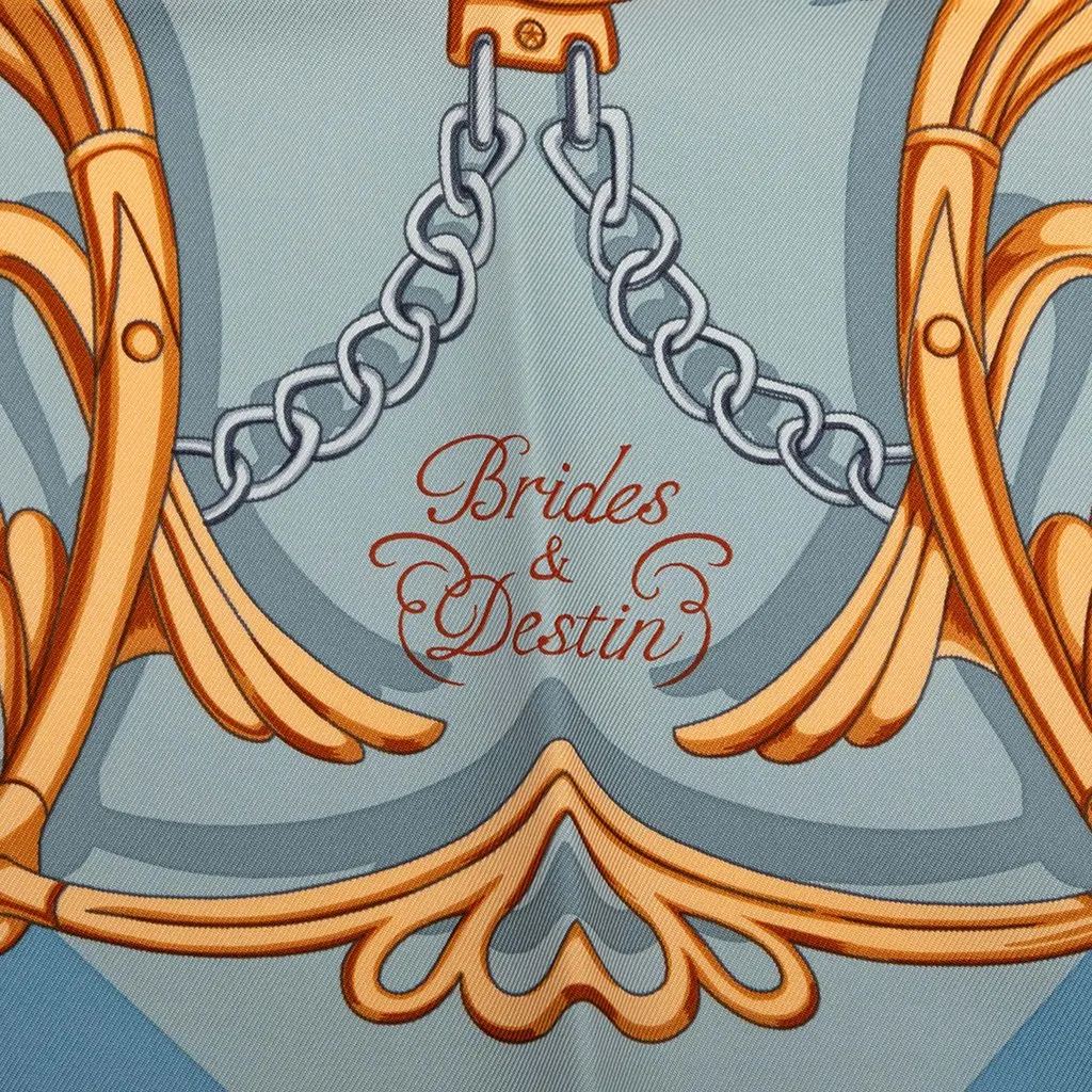 Hermès Brides et Destin Silk Scarf 90 Blue Silk Never worn - Inside View