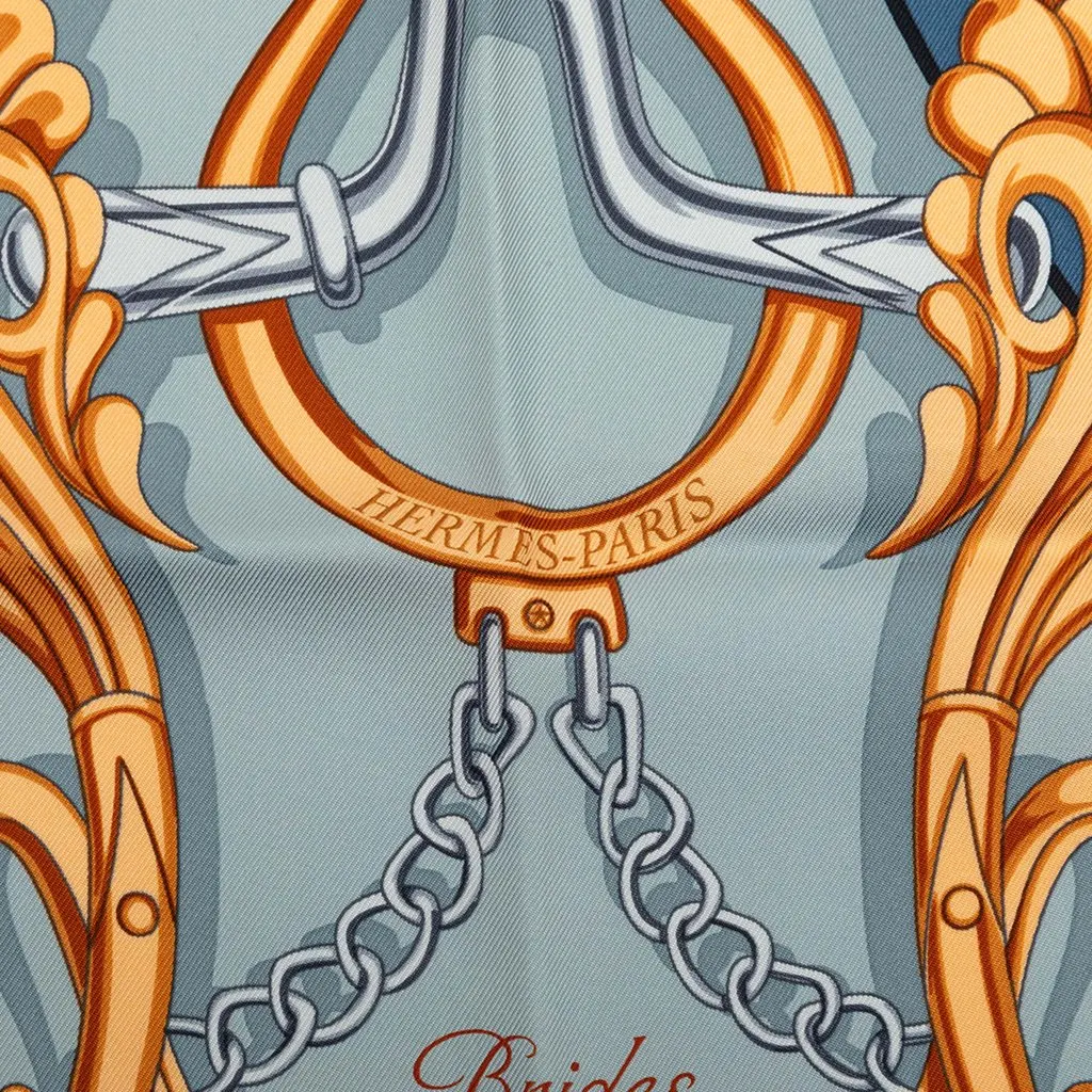 Hermès Brides et Destin Silk Scarf 90 Blue Silk Never worn - Box View