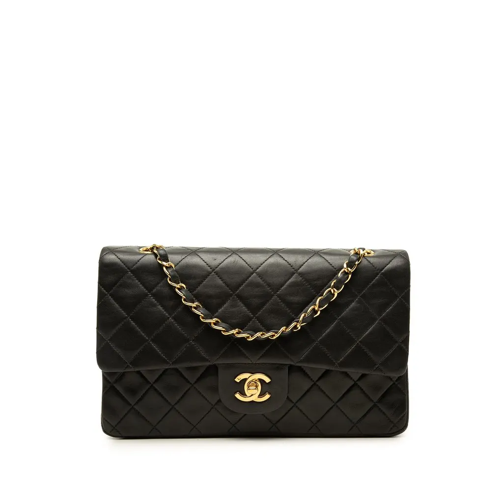 Chanel Medium Classic Lambskin Double Flap Black Leather Good - Front View