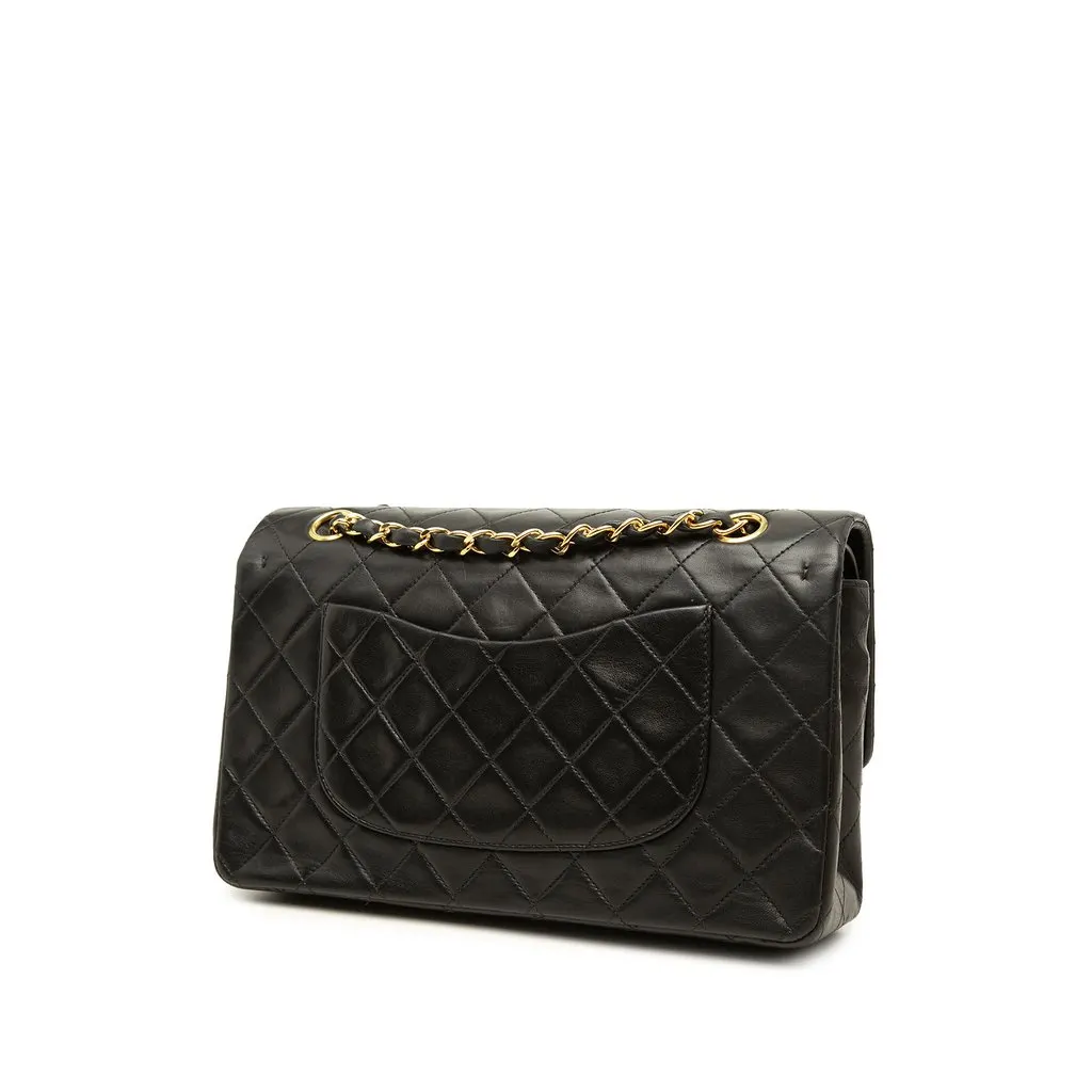 Chanel Medium Classic Lambskin Double Flap Black Leather Good - Back View