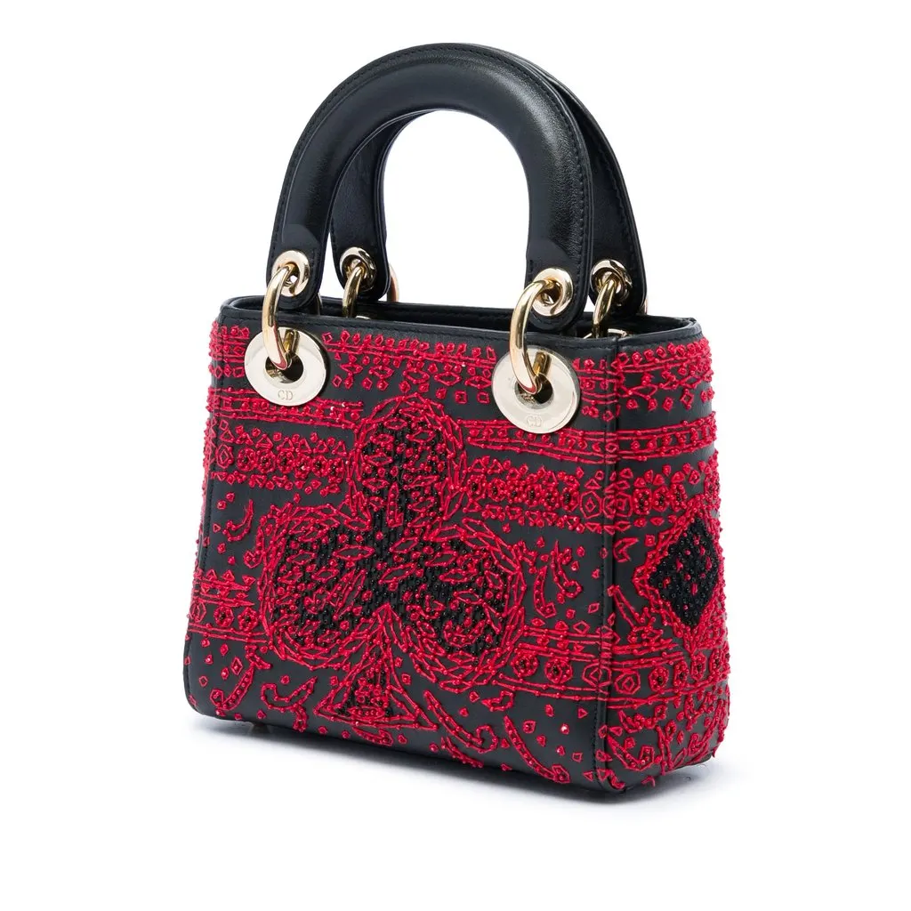 Dior Mini Smooth Calfskin Embroidered Heart Playing Cards Lady Dior Black Leather Very good - Back View