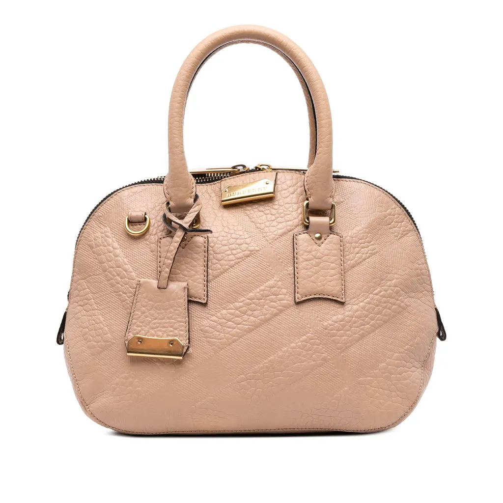 Burberry Medium Heritage Grain Check Embossed Orchard Bowling Bag Brown Leather Good - Front View