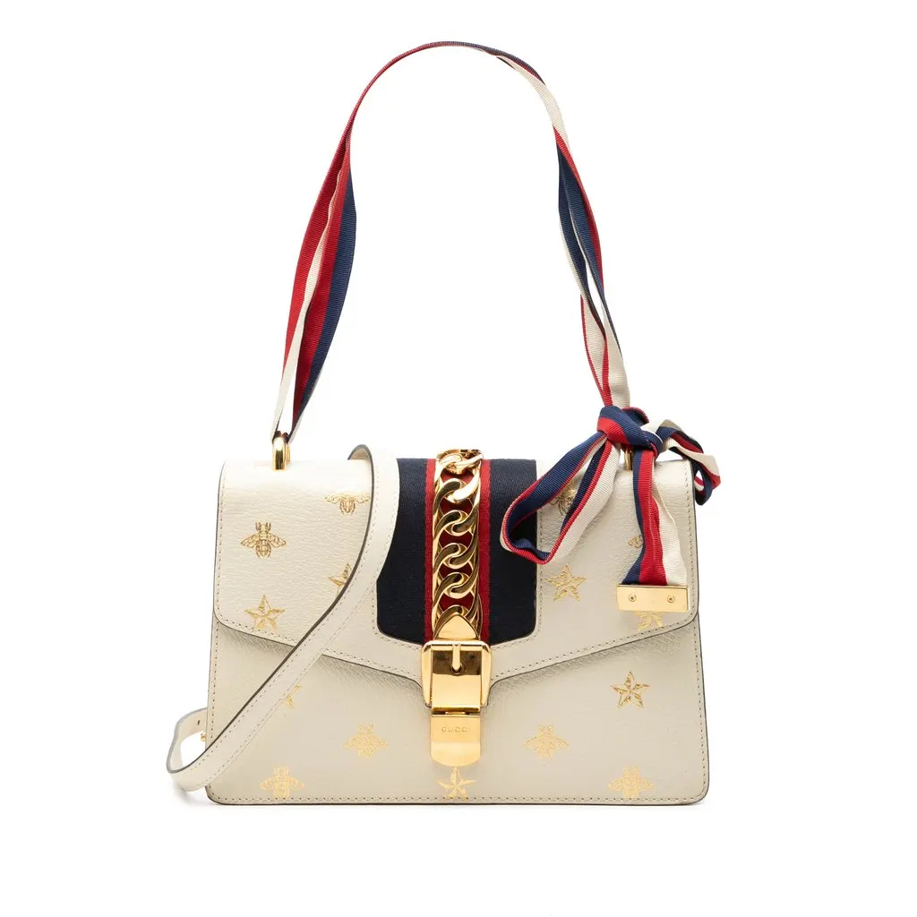 Gucci Small Calfkin Bee Star Sylvie Satchel White Leather Very good - Front View