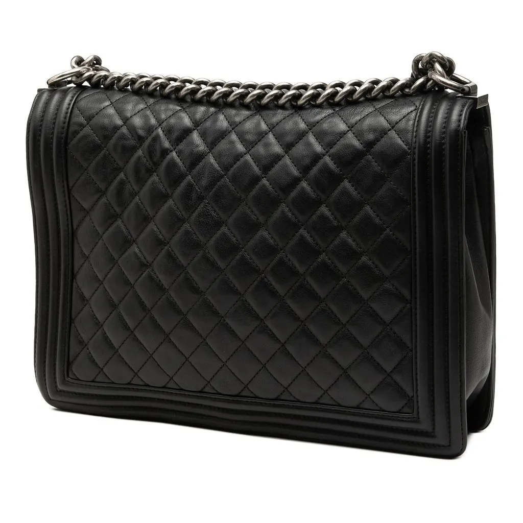 Chanel Large Quilted Lambskin Boy Flap Black Leather Very good - Back View