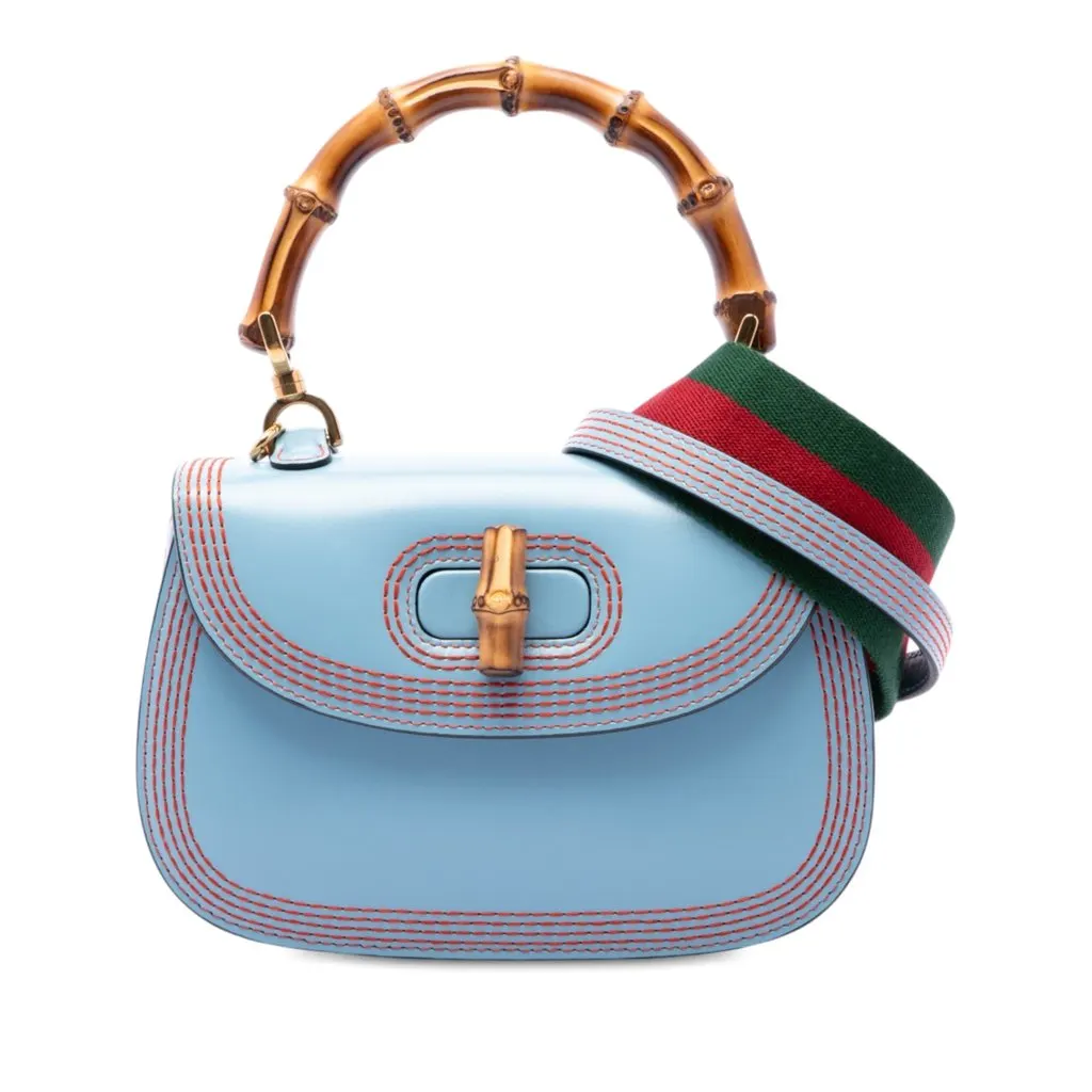 Gucci Small Calfskin Web Stitched Bamboo 1947 Top Handle Bag Blue Leather Very good - Front View