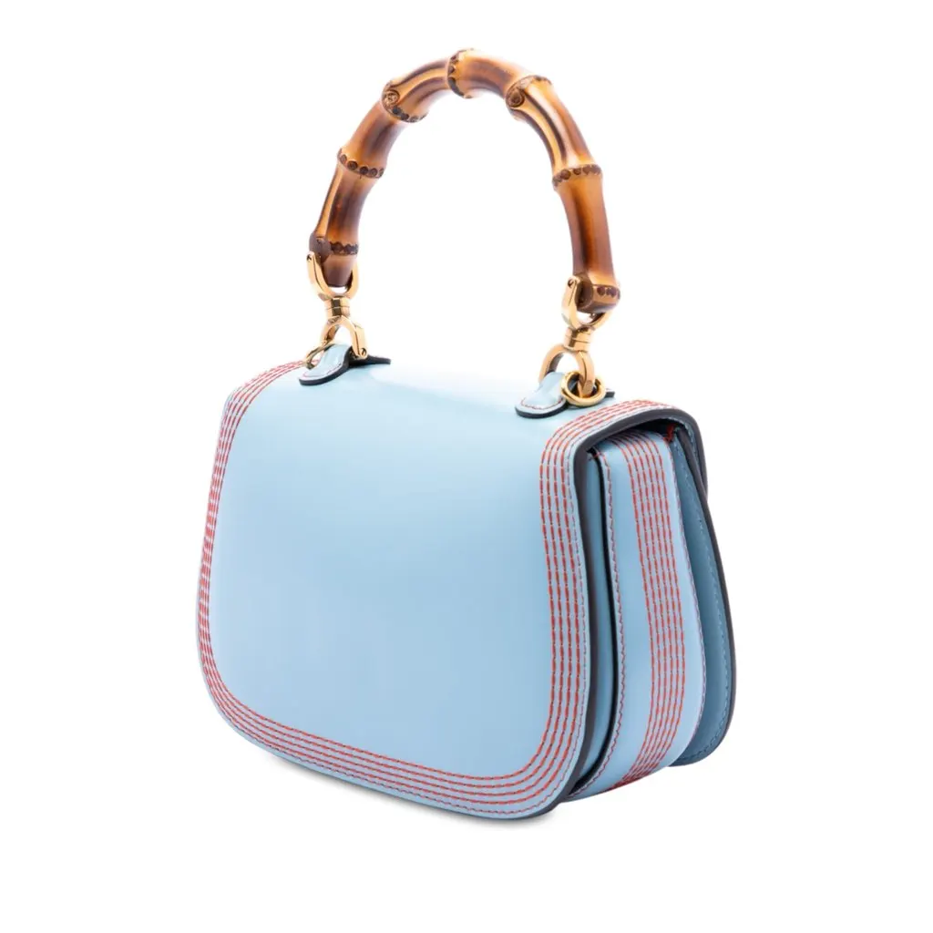 Gucci Small Calfskin Web Stitched Bamboo 1947 Top Handle Bag Blue Leather Very good - Back View