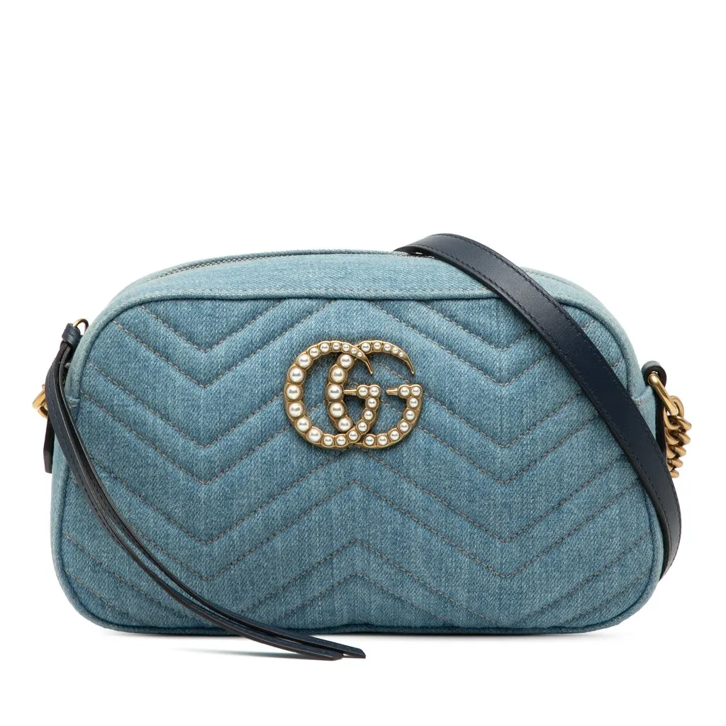 Gucci Small GG Marmont Matelasse Denim Pearly Crossbody Blue Good - Front View