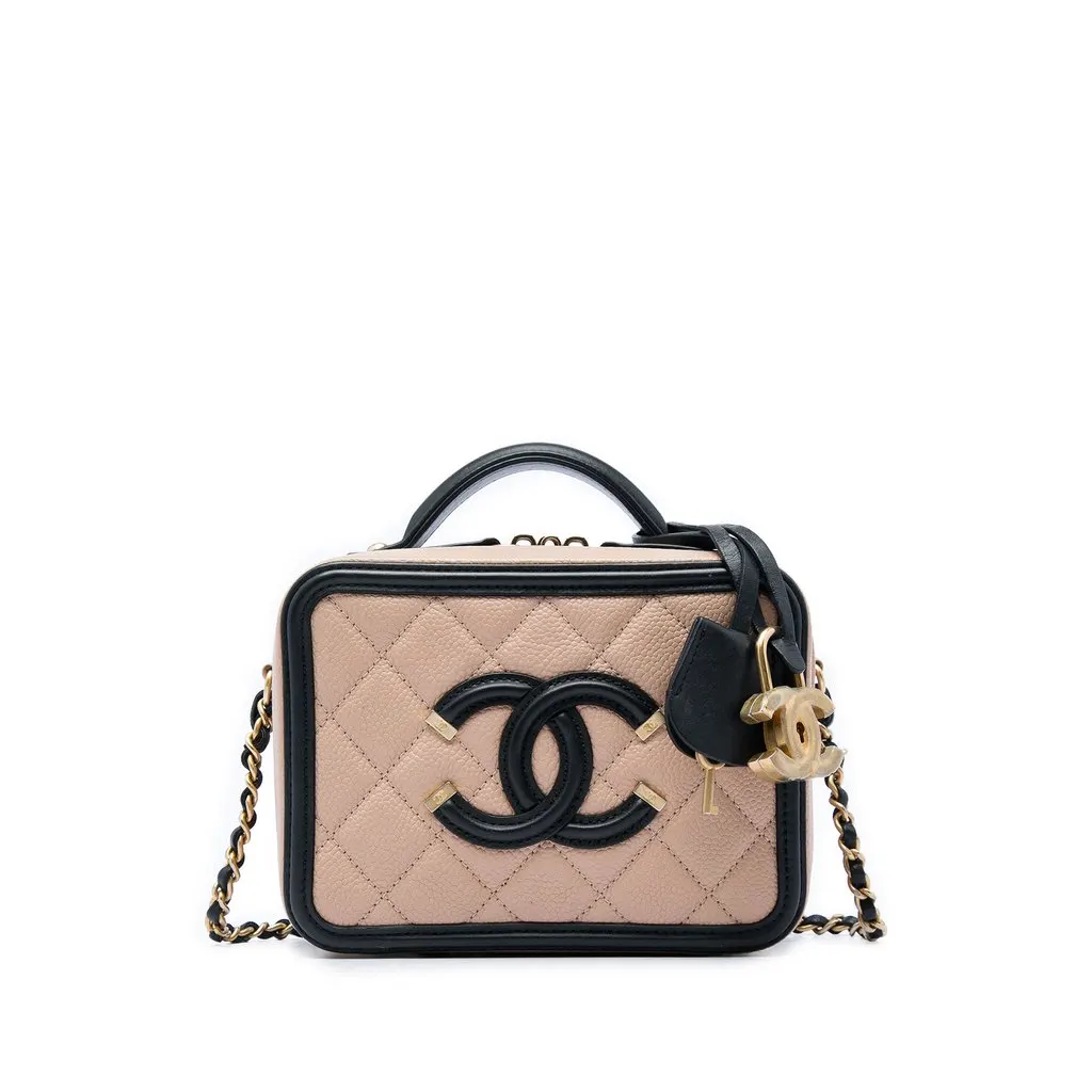 Chanel Small Bicolor Caviar CC Filigree Vanity Case Brown Leather Very good - Front View