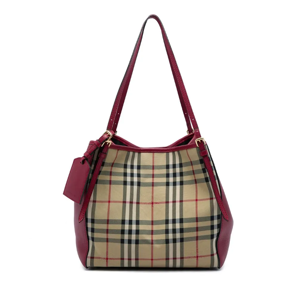 Burberry Small Haymarket Check Nylon and Calfskin Canterbury Tote Beige Polyamide Very good - Front View
